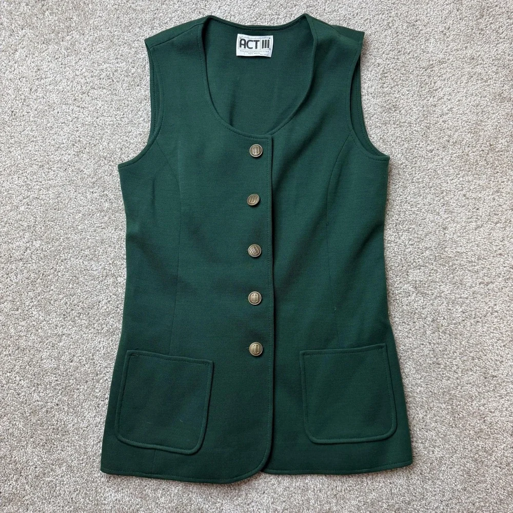 Vintage ACT III Vest Womens Medium Green Knit Button Front Pockets Longline